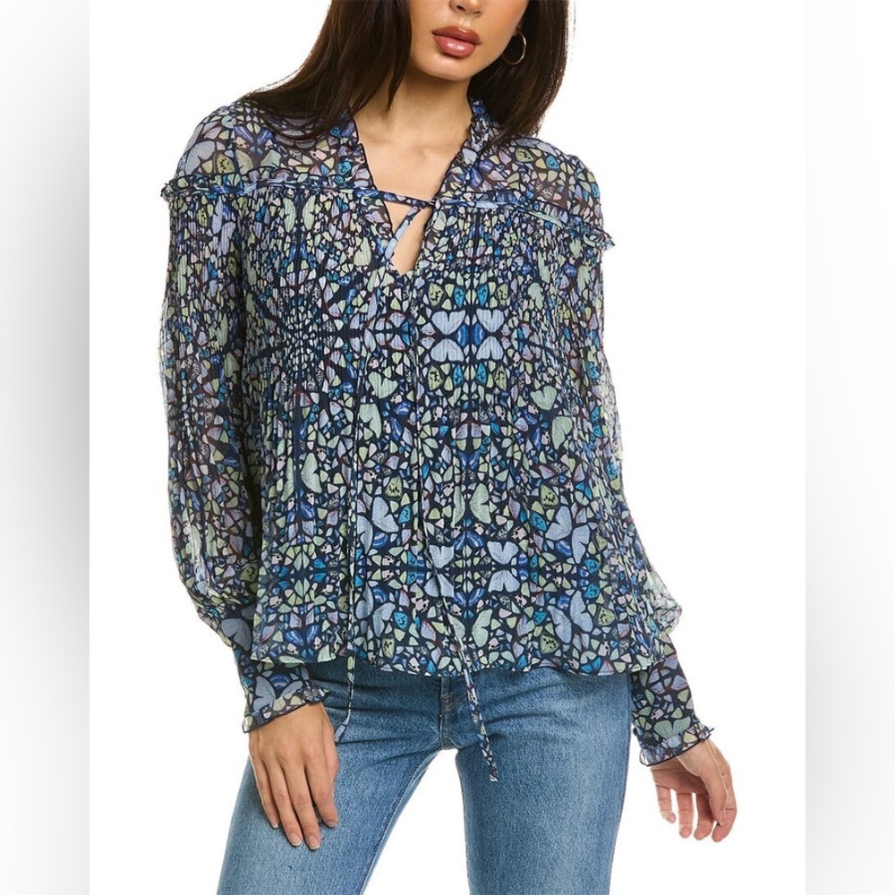 Ted Baker Florrei Printed Ruffled Tie Neck Blouse Size 2 $195